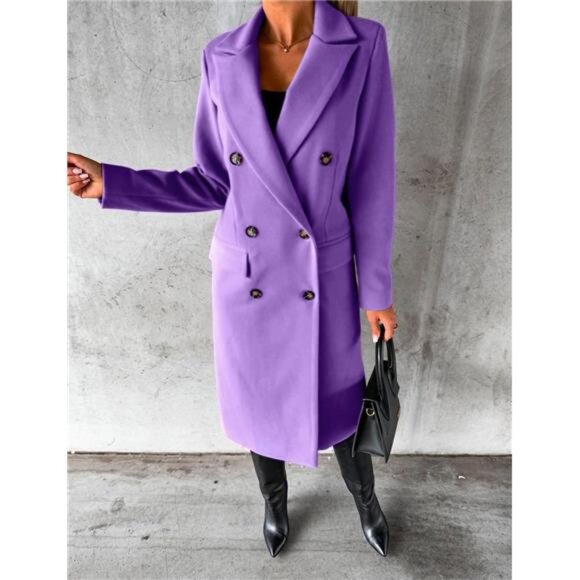 Womens Long Wool Coat Double Breasted Trench Coat Purple - Picture 3 of 4